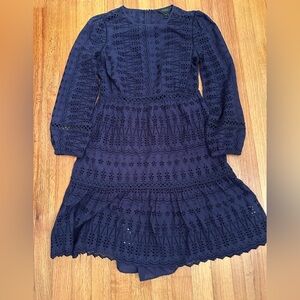 J. Crew Eyelet Women's Lace Flutter Dress 100% Cotton Sz 00Navy Blue c3